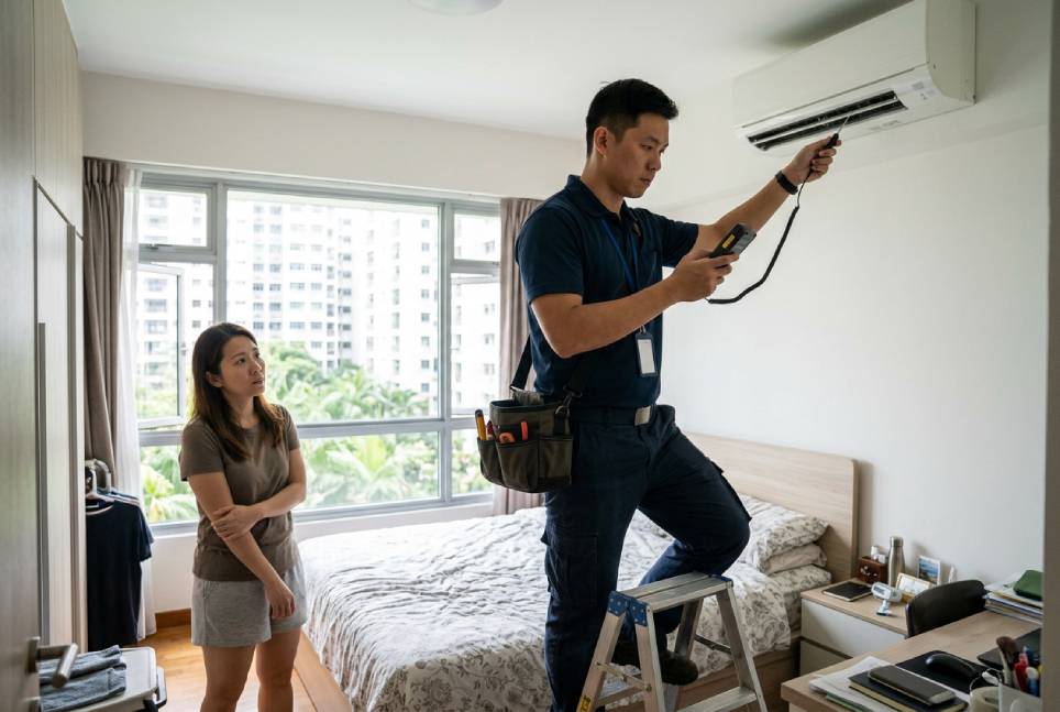 Aircon repair Singapore technician checking an aircon that is not cold